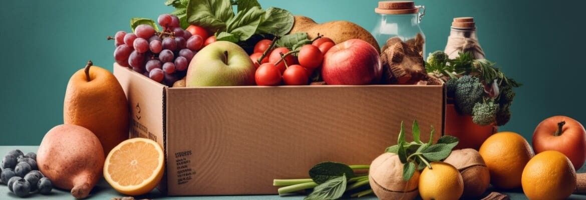 Transportkarton mit Obst und Gemüse