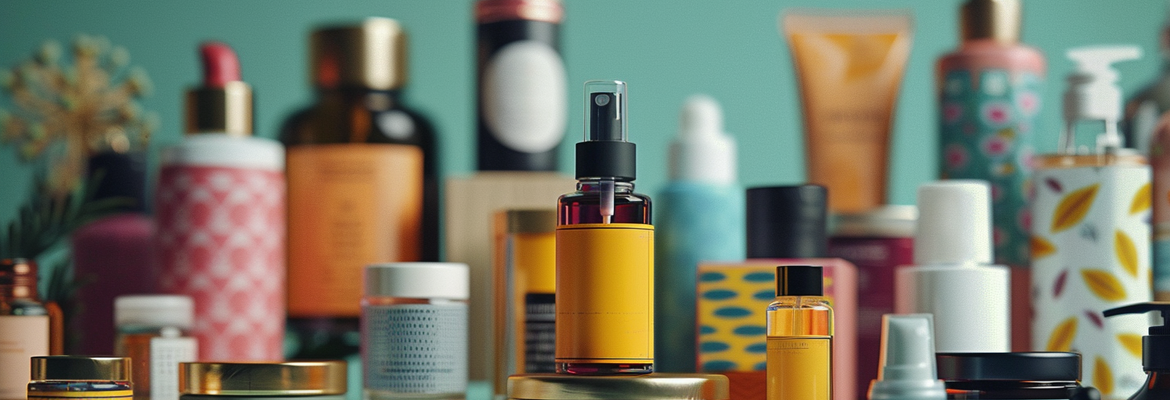 Colorful labeled product bottles and boxes