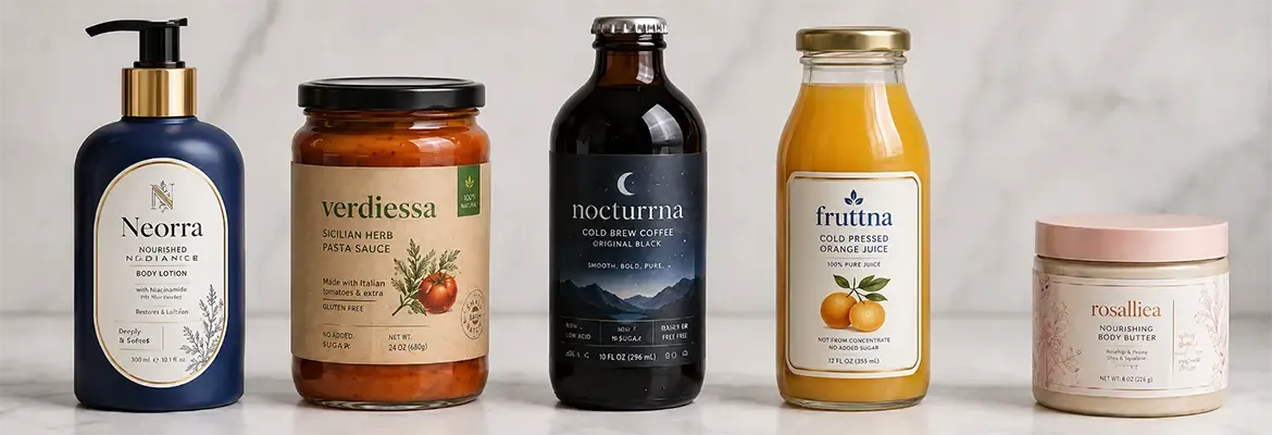 Colorful labeled product bottles and boxes