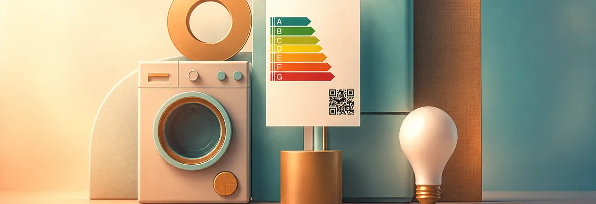 EU Energielabel mit Waschmaschine, Glühbirne und EU-Energielabel.