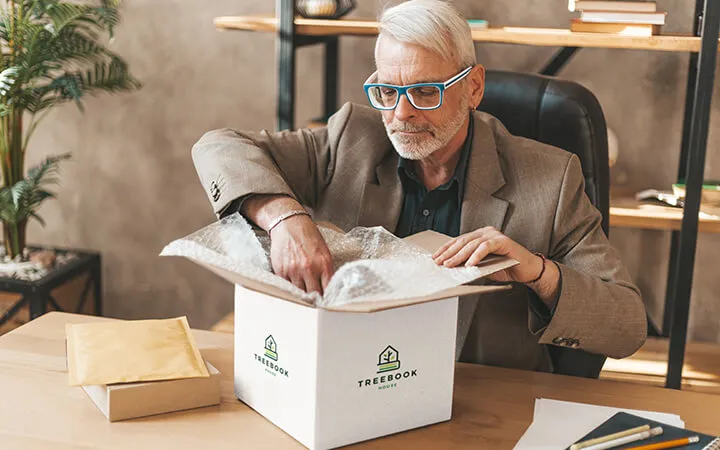 Mann packt Ware aus Versandkarton aus  Mann packt Ware aus Versandkarton aus