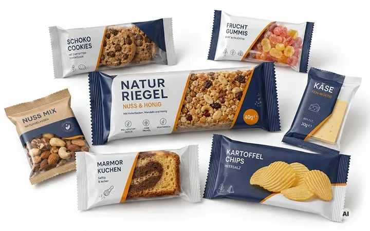 Verschiedene Lebens- und Genussmittel verpackt in Flowpacks Verschiedene Lebens- und Genussmittel verpackt in Flowpacks