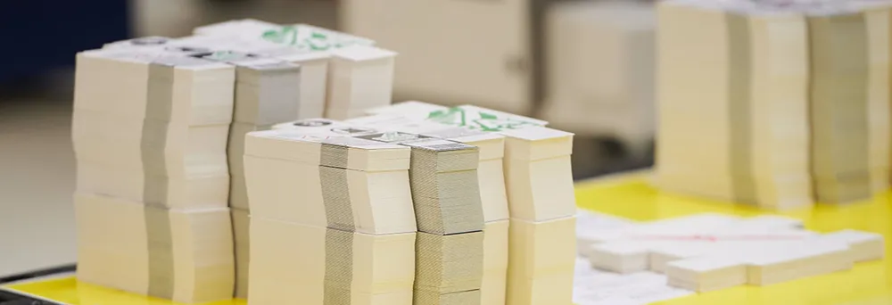 gestanzte Faltschachteln gestapelt in der Produktion von Labelprint24 gestanzte Faltschachteln gestapelt in der Produktion von Labelprint24