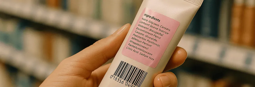 Frau liest Hinweise auf einem Etikett eines Produkts Frau liest Hinweise auf einem Etikett eines Produkts