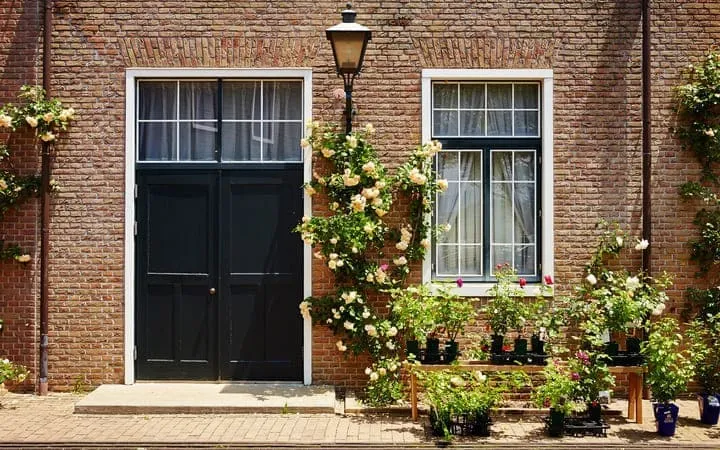 Florale Elemente vor einem Haus