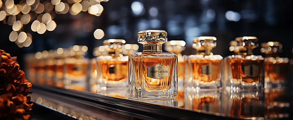 Metalletiketten auf Parfümflasche Metalletiketten auf Parfümflasche