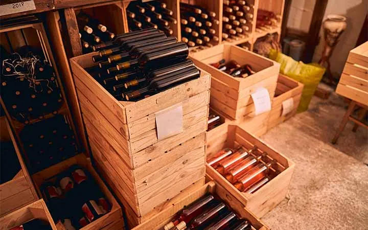 Weinflaschen in Hozlkiste Weinflaschen in Hozlkiste