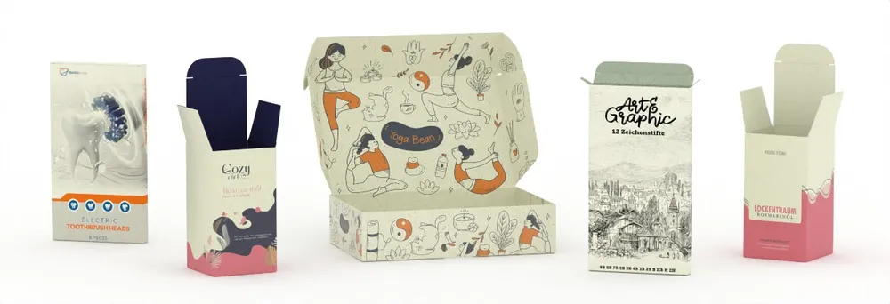 Diversi tipi di scatole pieghevoli stampate in cartone ricavato dall'erba