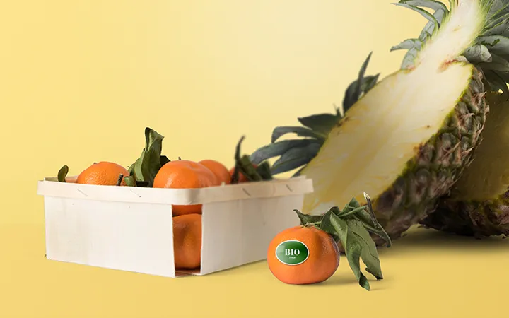 Mandarinen im Korb mit Etiketten Mandarinen im Korb mit Etiketten