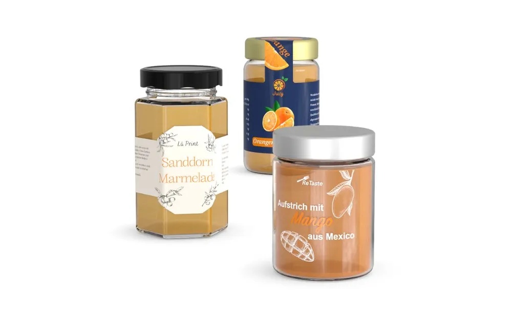 Food labels on jam jars demonstrating effective packaging design Food labels on jam jars demonstrating effective packaging design