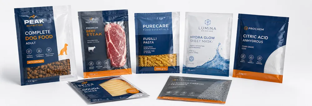 Verschiedene Produkte verpackt in Siegelrandbeutel Verschiedene Produkte verpackt in Siegelrandbeutel