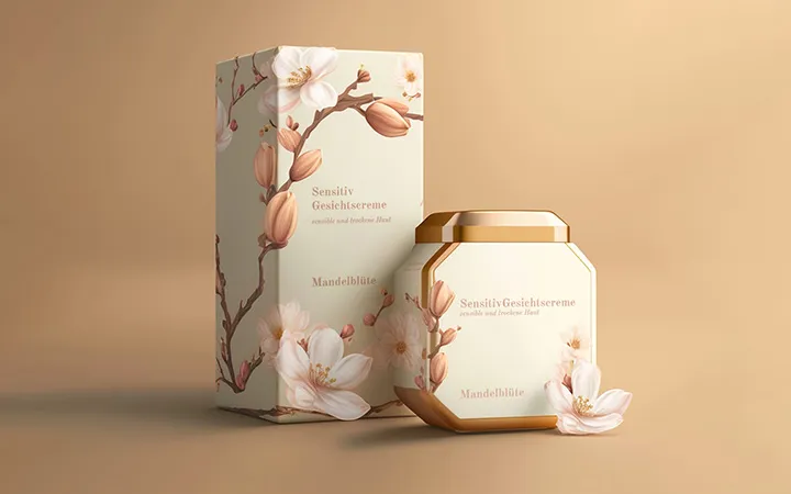 Cosmetic packaging with floral self-adhesive labels