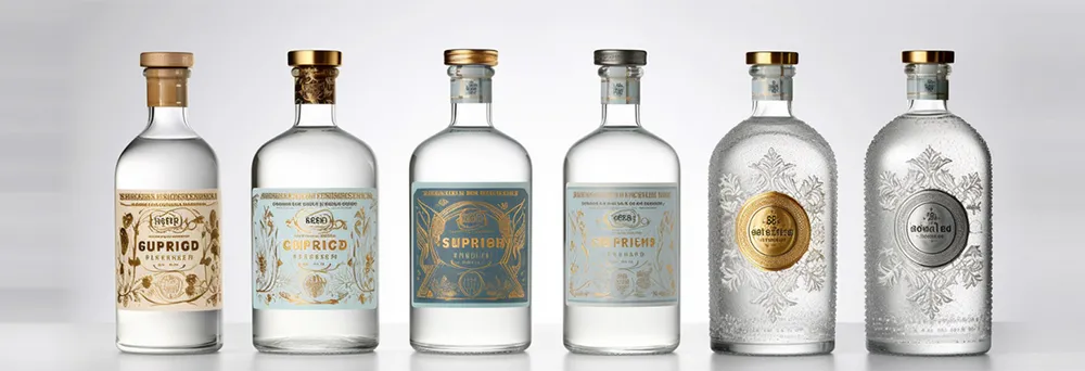 Bottiglie di gin con diverse etichette