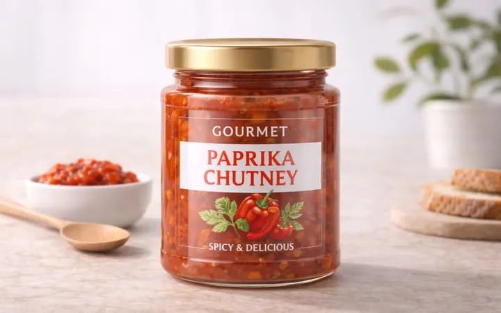 No-label-look Etikett mit Weißdruck auf Paprika Chutney