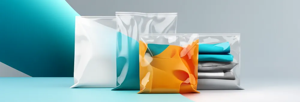 Vier verschiedene Polybags mit verschiedenen Größen vor einem blauen Hintergrund