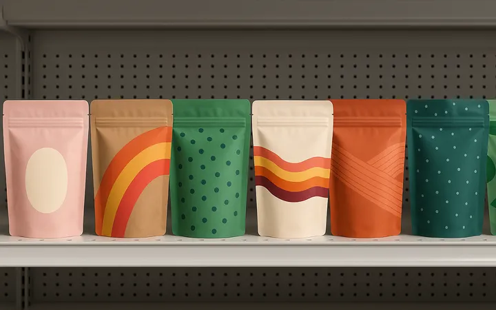 stand up pouches in supermarket shelf