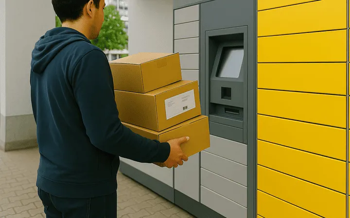 Mann steht an der Packstation Mann steht an der Packstation