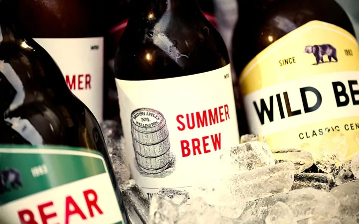 Bottiglie di birra con etichetta immerse nel ghiaccio