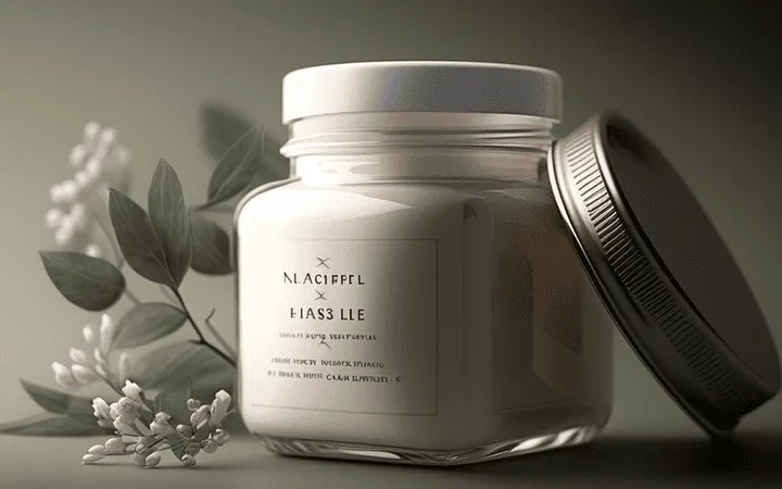 Weißes Kosmetiketikett aus Kunststoff auf einer Glasverpackung für Creme Weißes Kosmetiketikett aus Kunststoff auf einer Glasverpackung für Creme